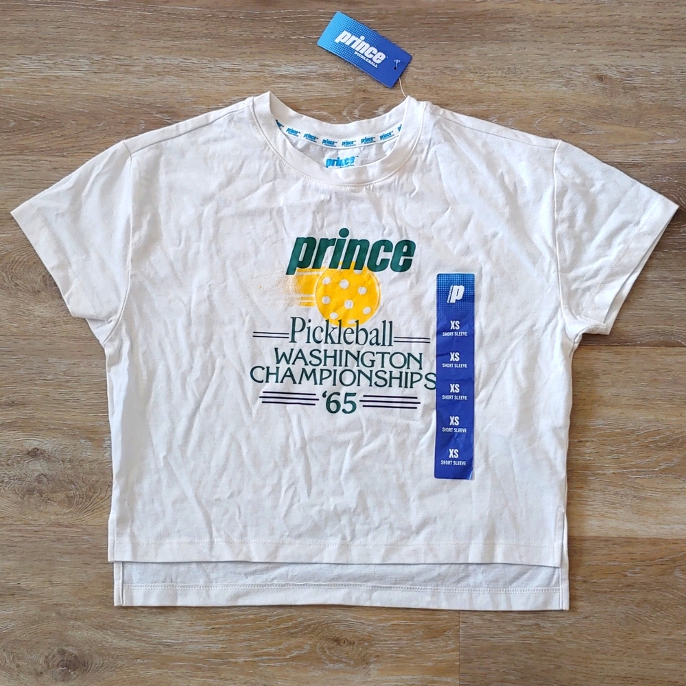 NWT Prince Pickleball Women's Ivory Crop Graphic T-Shirt Size XS